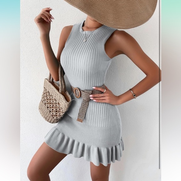 Sleeveless Sweater Dress Crochet Ribbed Knit Ruffle Hem Bodycon
8020 - Picture 5 of 7